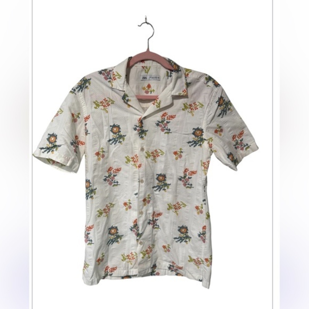 ZARA Men's White Crossstitch Pattern Textured casual Button Down Shirt - small